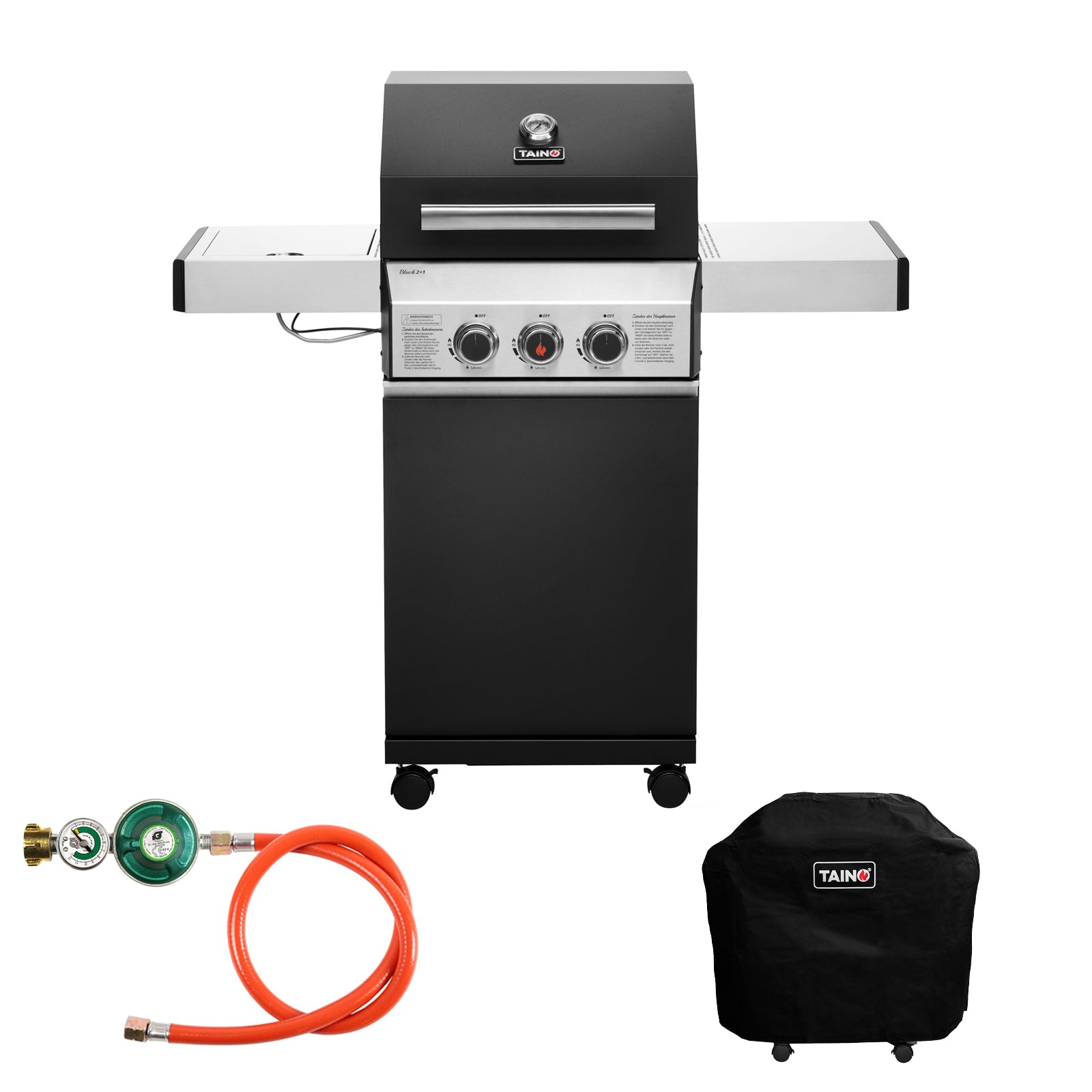 Set BLACK 2+1 Gasgrill + Abdeckhaube + Gasdruckminderer