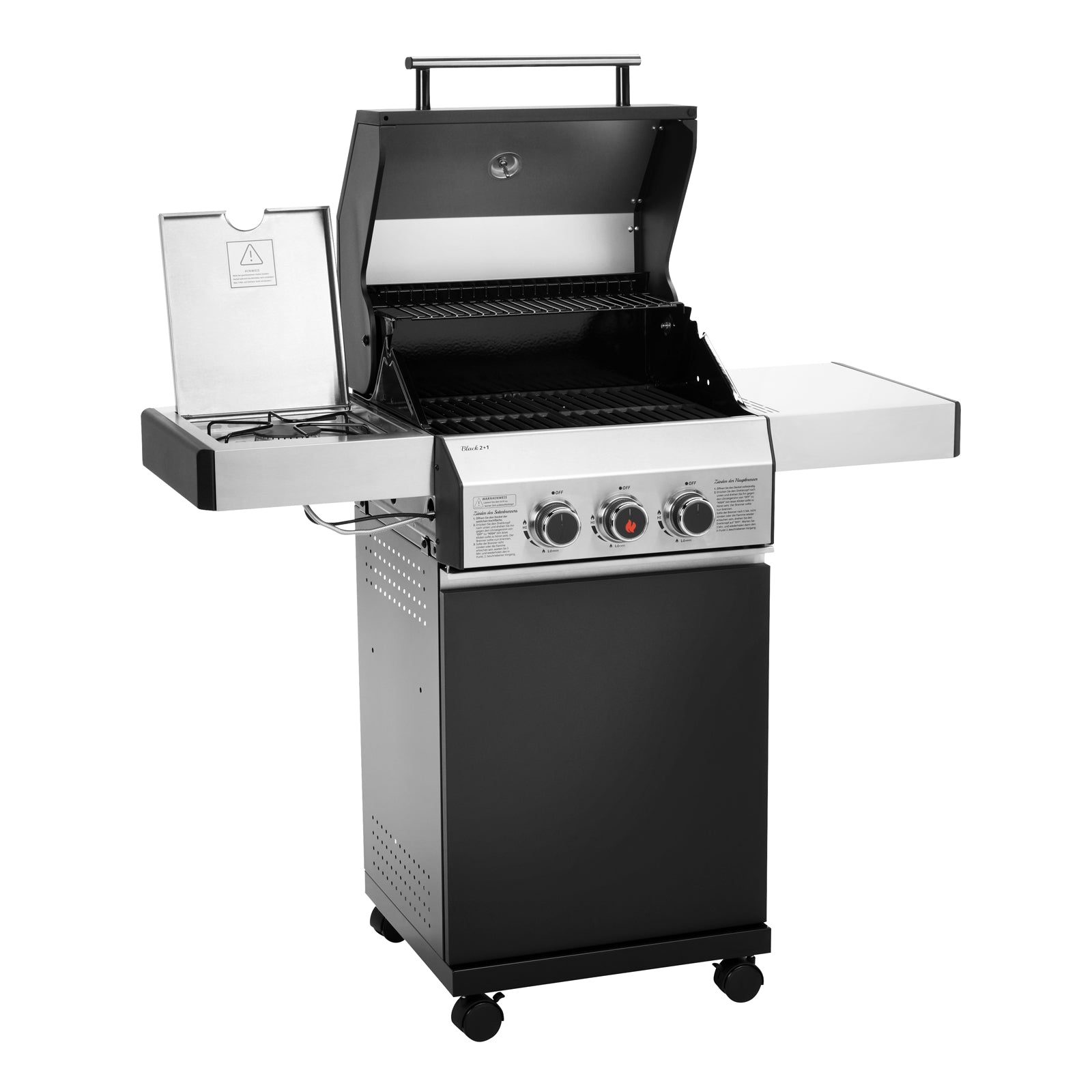 TAINO BLACK 2+1 Gasgrill mit geöffnetem Deckel und Kochfeld