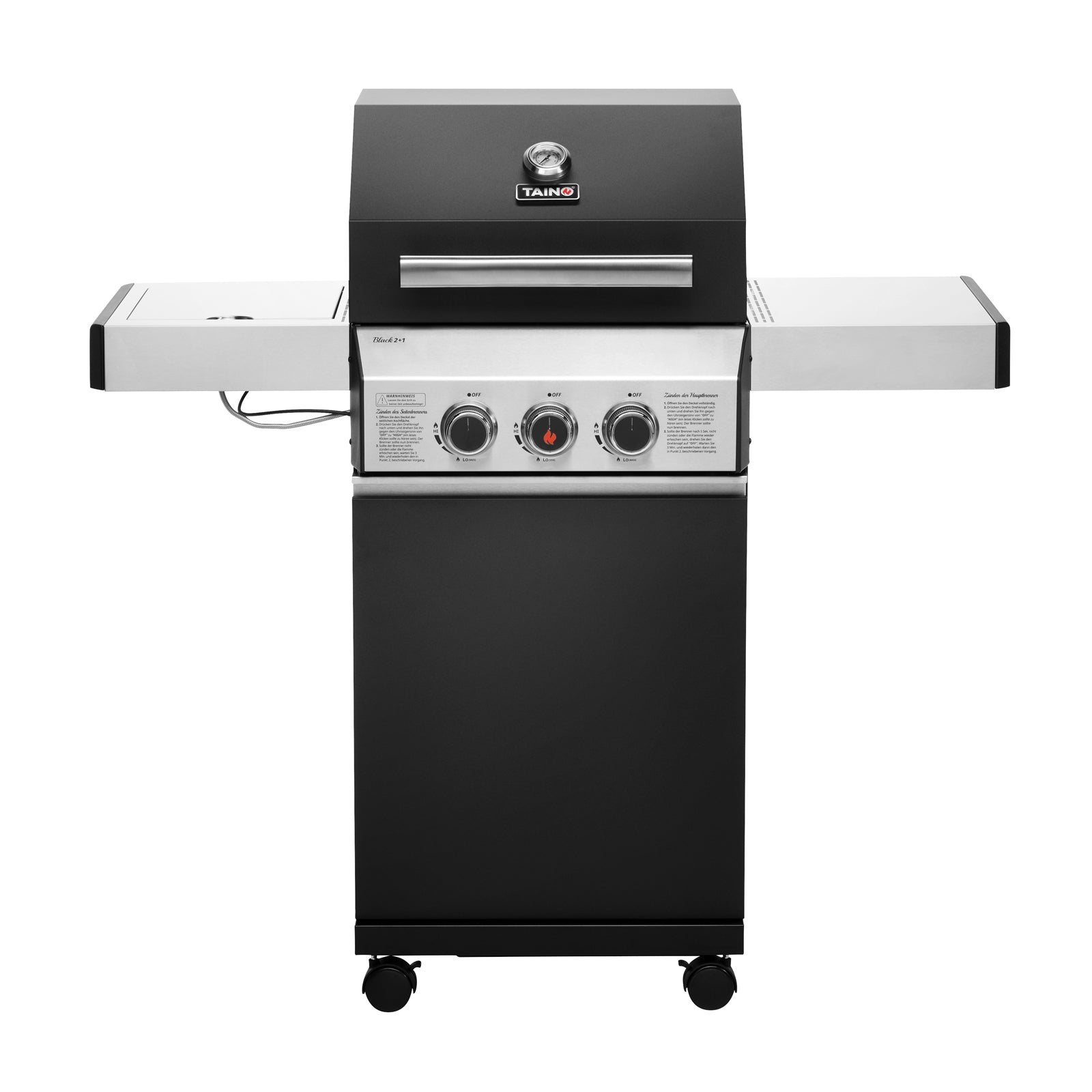 TAINO BLACK 2+1 2-Brenner Gasgrill Frontalansicht mit drei Drehreglern und zwei Seitentischen