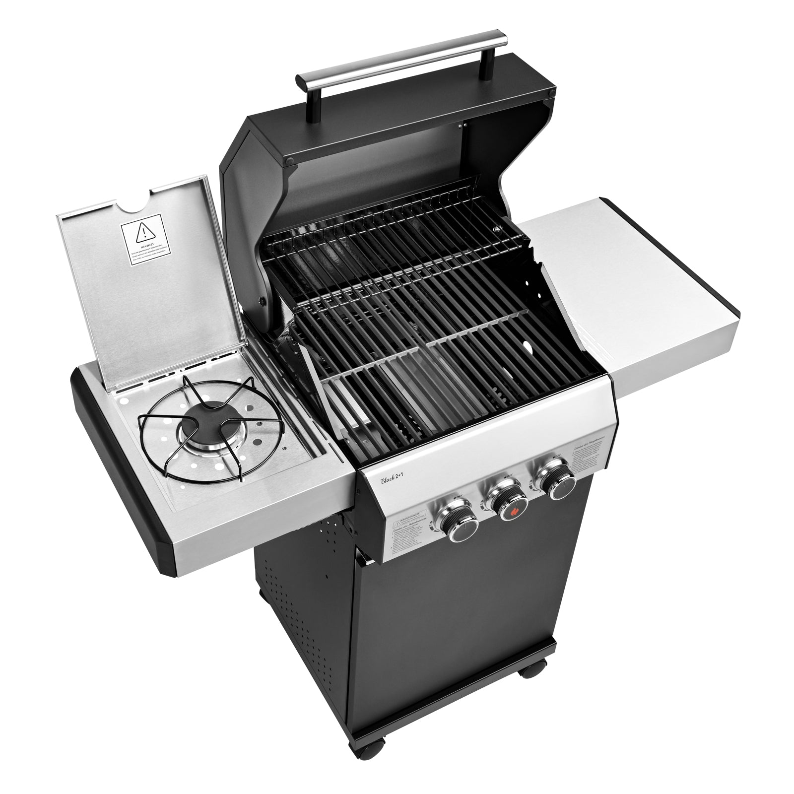 TAINO BLACK 2+1 Gasgrill mit geöffnetem Deckel und Kochfeld Ansicht von oben