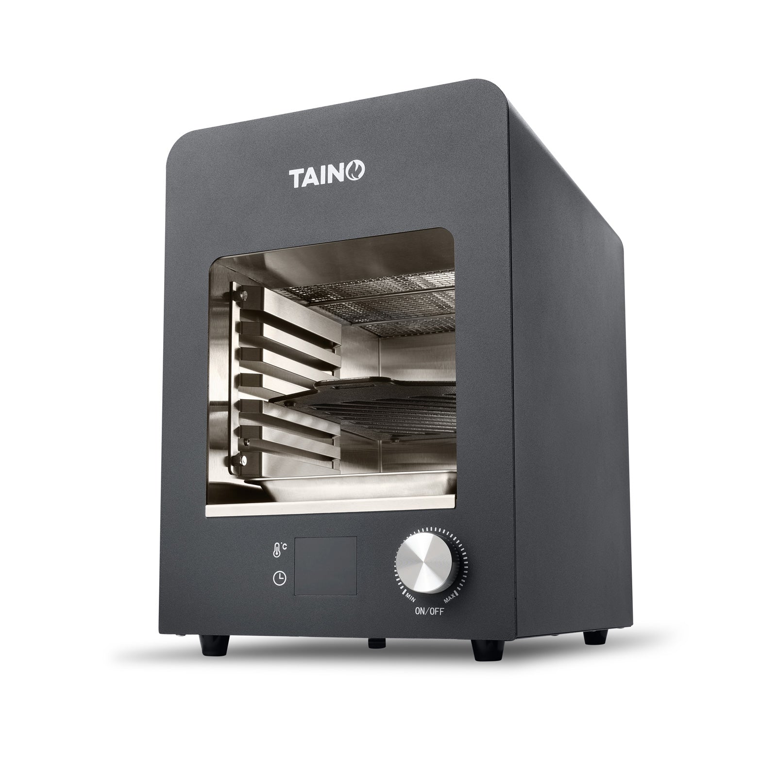 Schwarzer TAINO Oberhitzegrill mit Sichtfenster und Drehregler vorne