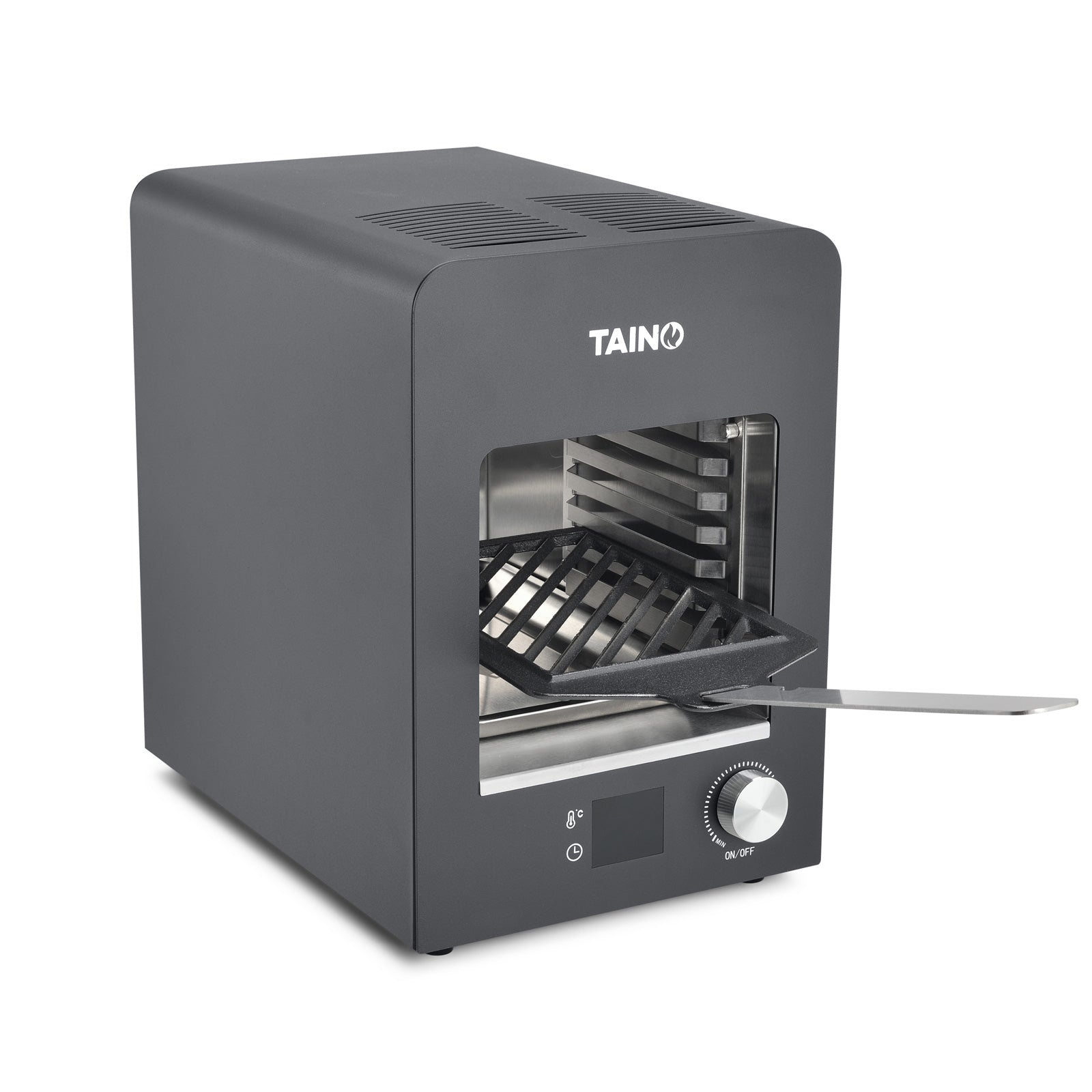 Schwarzer Oberhitzegrill der Marke TAINO mit herausziehbarem Grillrost und Drehregler vorne
