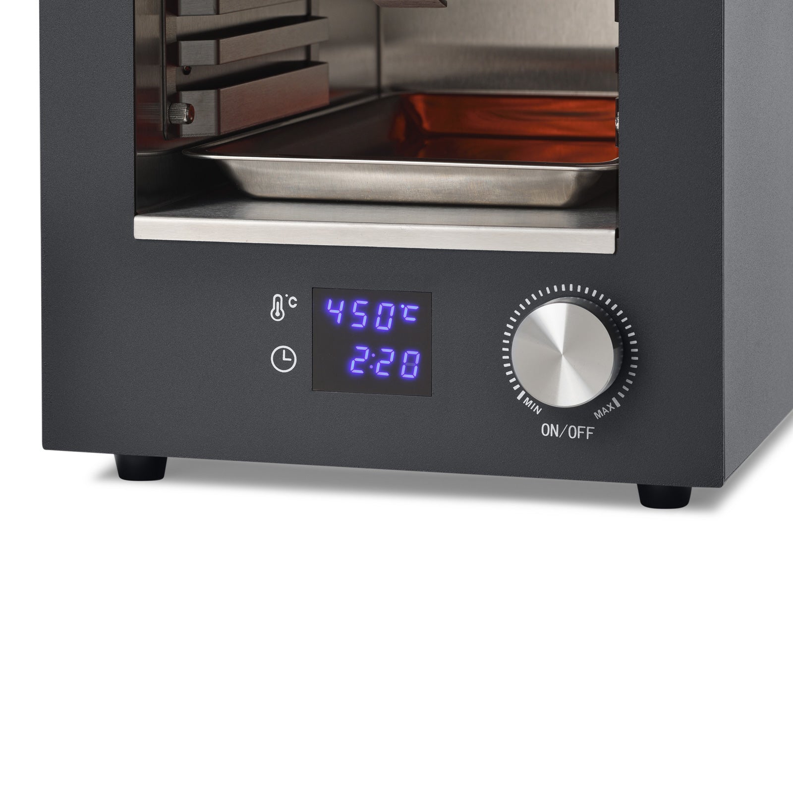 Oberhitzegrill mit digitaler Anzeige zeigt 450 Grad und 2:20 Minuten, Drehknopf zur Einstellung
