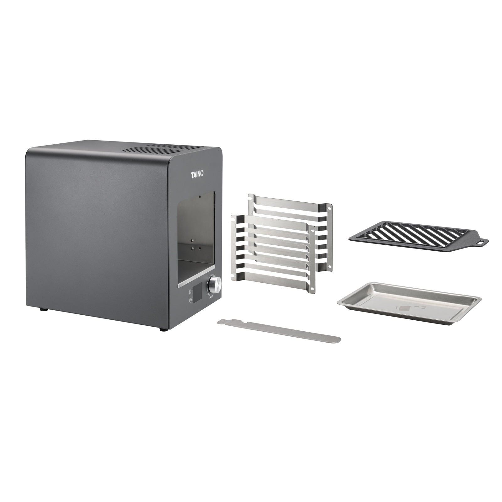 Oberhitzegrill mit grauem Gehäuse herausnehmbaren Schienen, Grillrost und Fettauffangschale