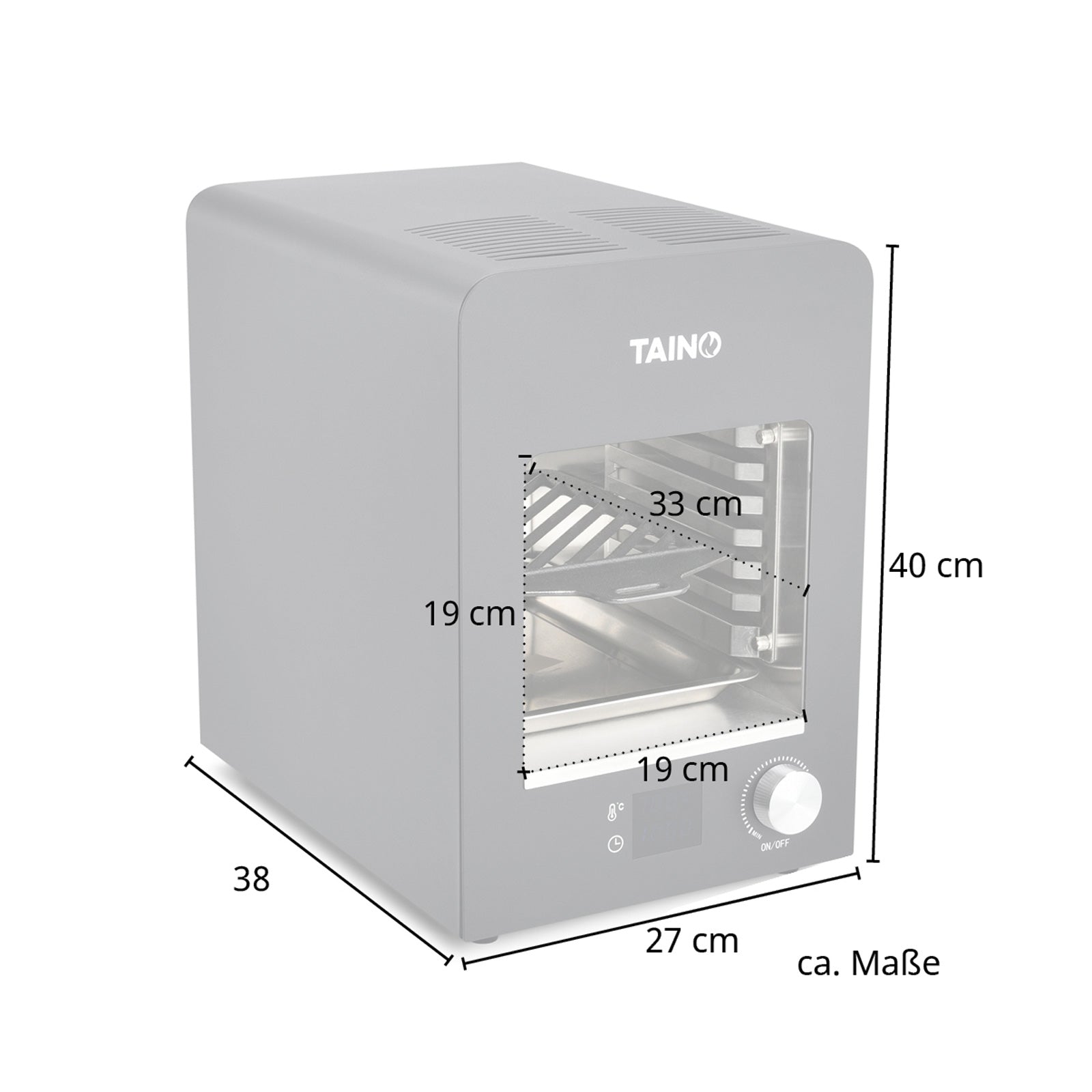 Maße des elektrischen Oberhitzegrills: 27 x 38 x 40 cm; Garraum 19 x 19 x 33 cm