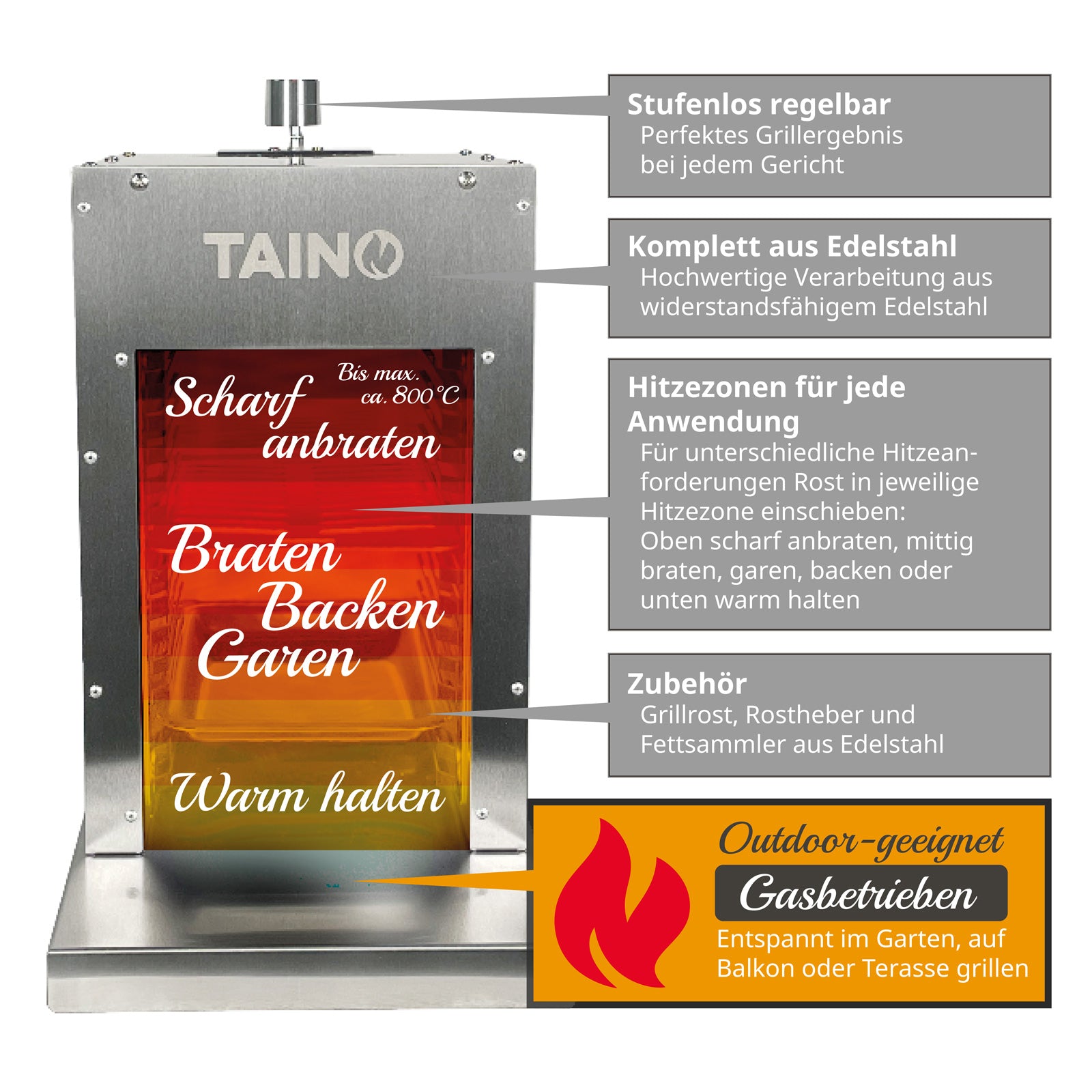 TAINO Edelstahl Oberhitzegrill Gas 800 Grad - Features