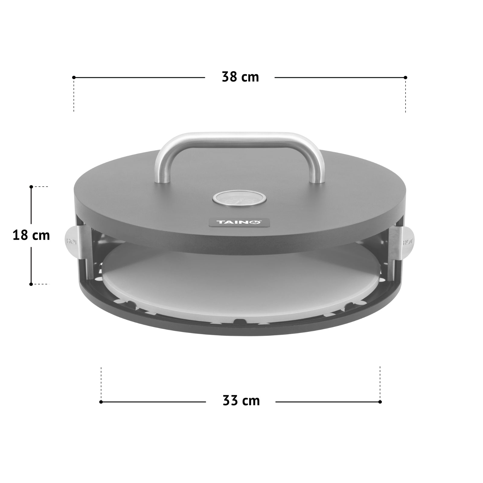 Maße der TAINO Pizzabox: Durchmesser 38 cm; Höhe 18 cm; Innendurchmesser 33 cm