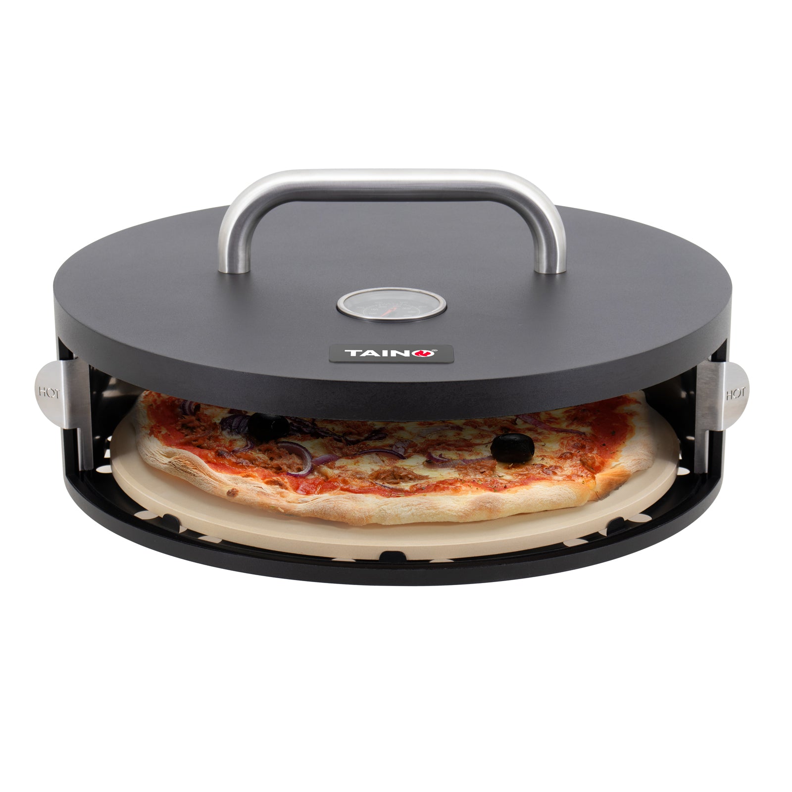 TAINO Pizzabox Grill Aufsatz Stahl rund - mit Pizza