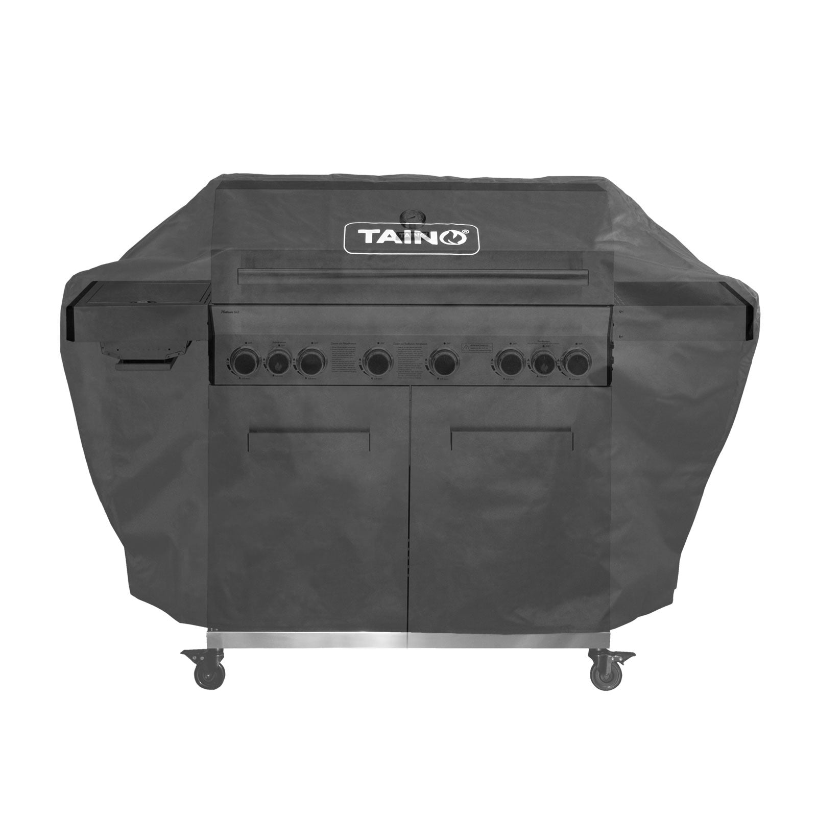 Die Abdeckhaube wird transparent dargestellt, um den TAINO PLATINUM 6+2 Gasgrill darunter zu sehen.