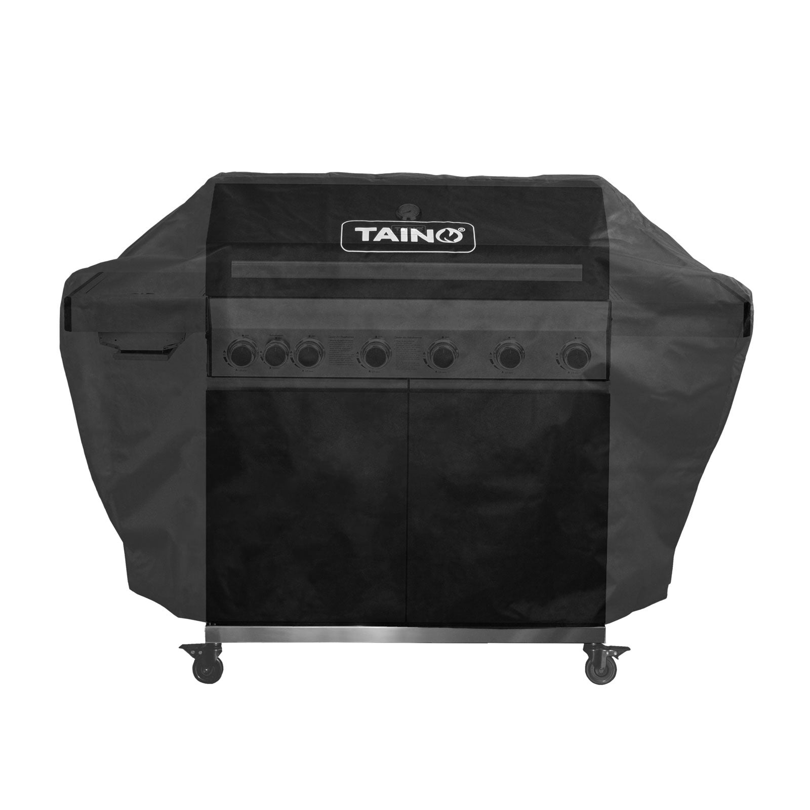 Die Abdeckhaube wird transparent dargestellt, um den TAINO BLACK 6+2 Gasgrill darunter zu sehen.