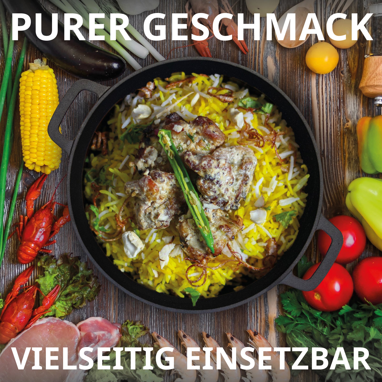 Dutch Oven mit Reisgericht, umgeben von frischem Gemüse Krabben und Fleisch - Purer Geschmack - Vielseitig einsetzbar