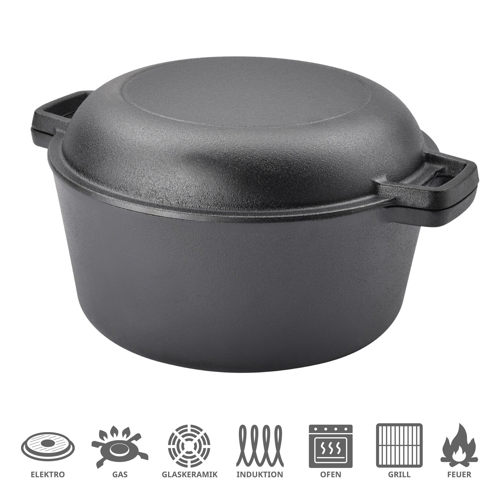 Schwarzer gusseiserner Topf mit Deckel und Griffen, geeignet für Elektro, Gas, Glaskeramik, Induktion, Ofen, Grill und Feuer
