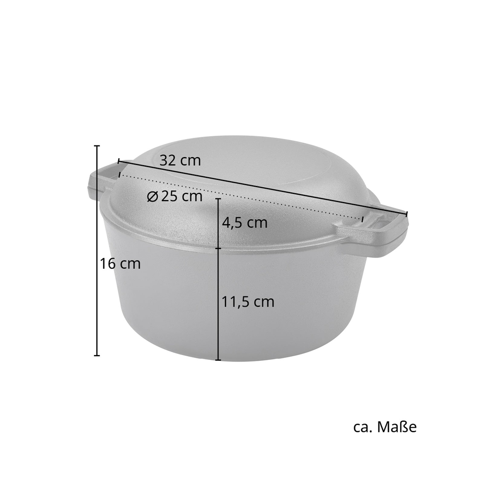 Maße des TAINO Double Dutch Oven: Höhe Topf: 11,5 cm; Höhe Pfanne 4,5 cm; Durchmesser: 32 cm; Innendurchmesser 25 cm