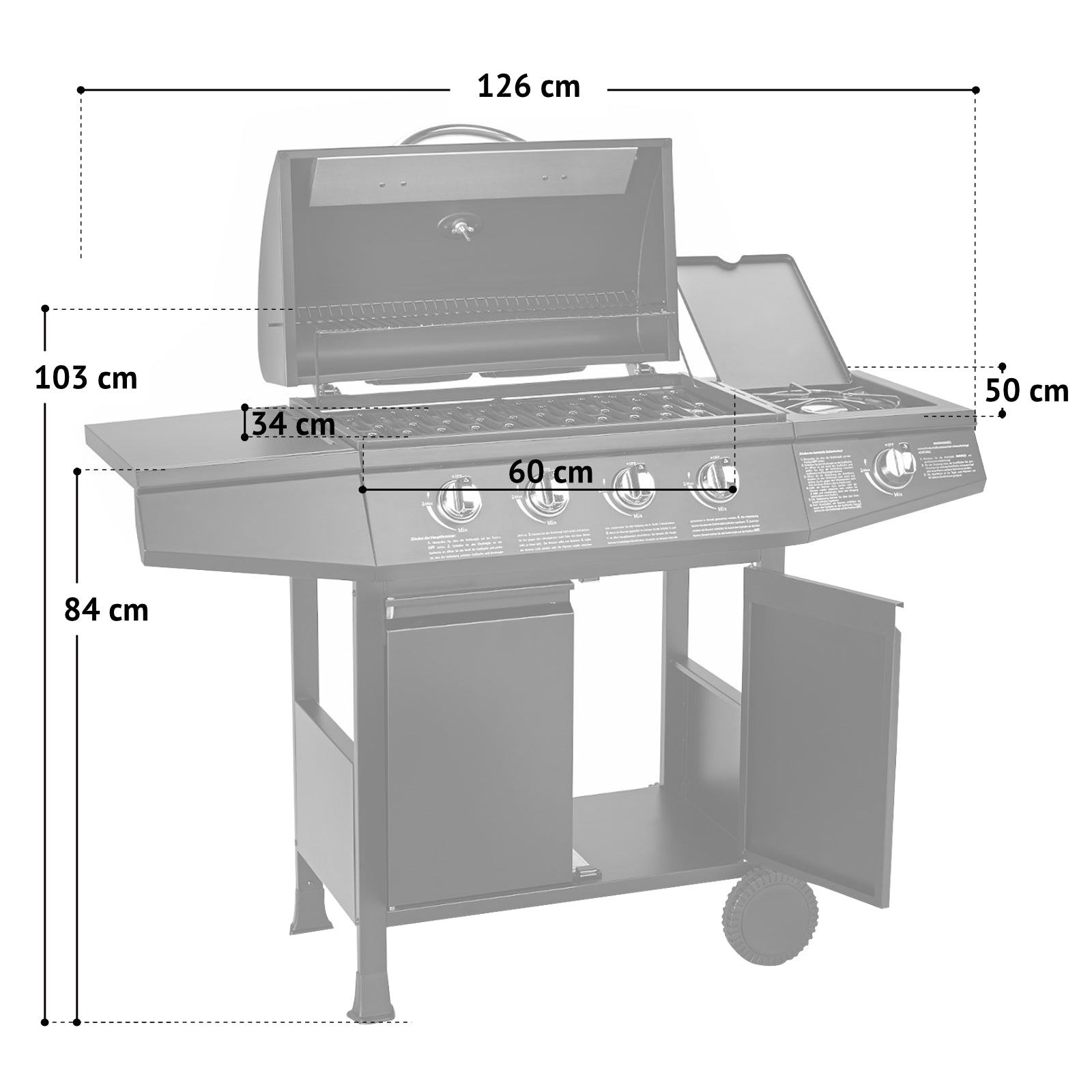 Maßbild TAINO Basic 4+1 Gasgrill - Gesamtmaße: Breite 126 cm, Höhe 103 cm, Tiefe 50 cm