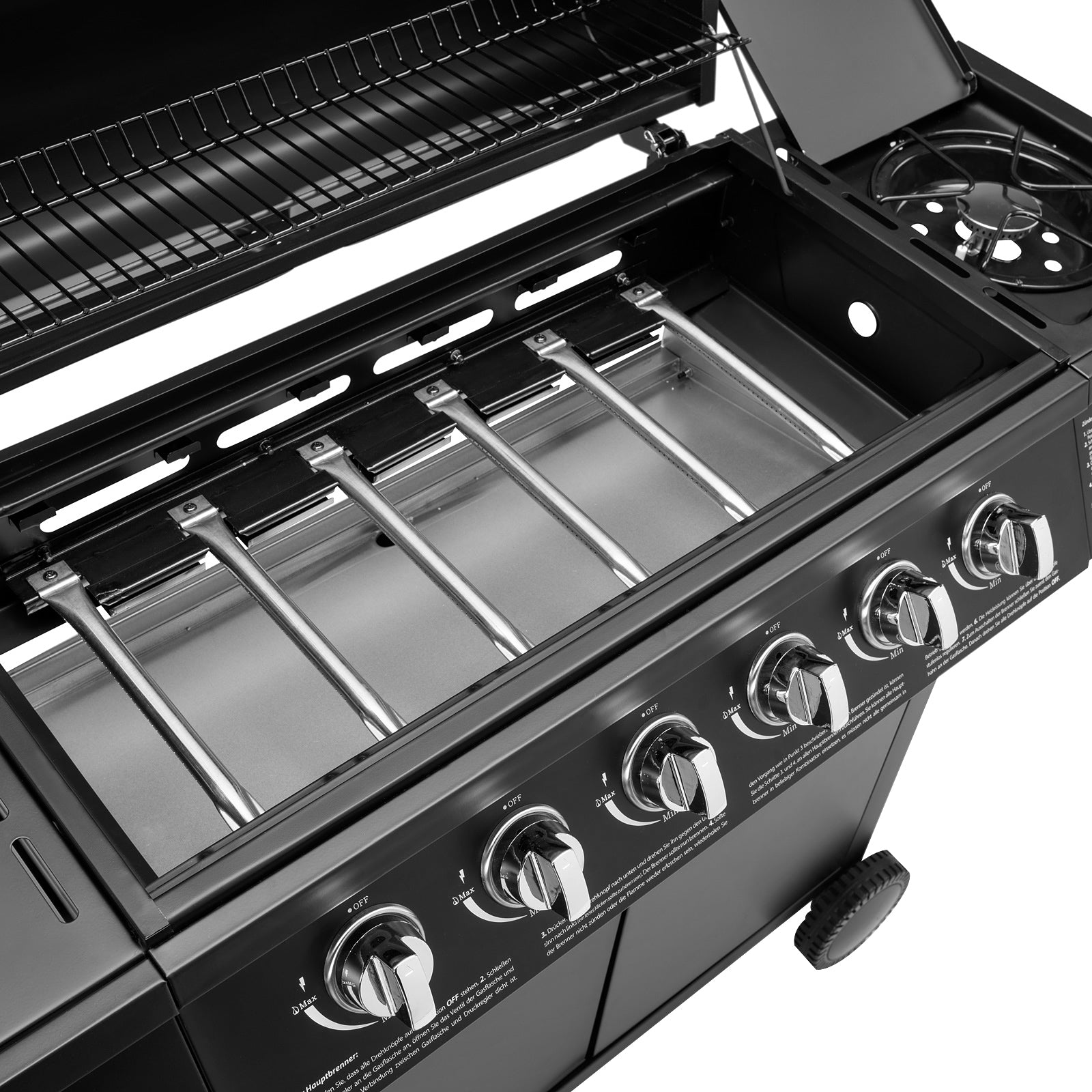 Detailansicht von oben in den Garraum des TAINO Basic 6+1 Gasgrill mit 6 Hauptbrennern
