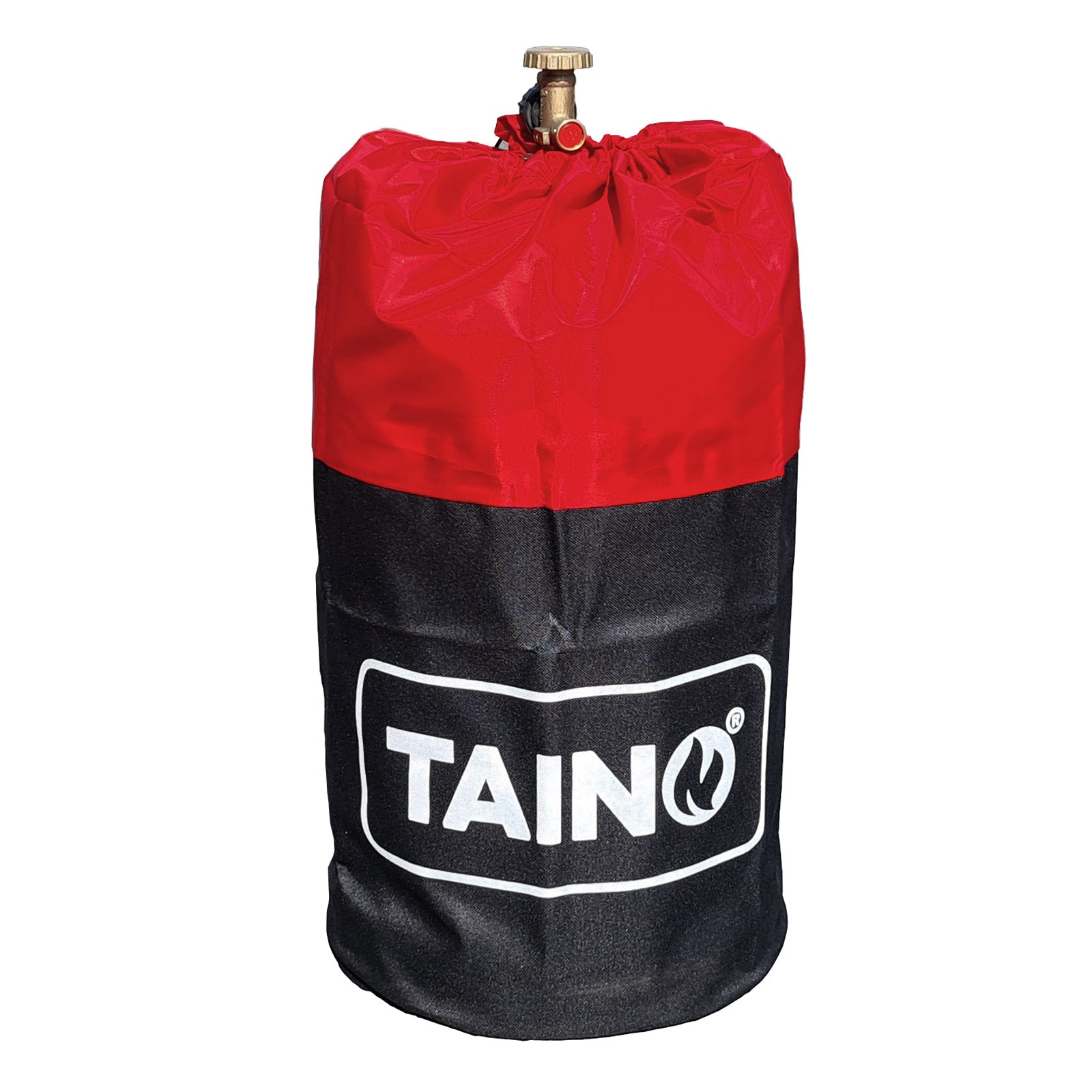 Rote und schwarze Schutzhülle mit dem weißen Schriftzug 'TAINO' für eine Gasflasche mit Ventil oben
