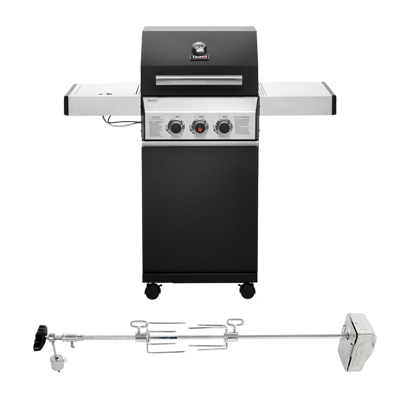 TAINO BLACK 2+1 Kleiner Gasgrill mit Kochfeld im Set mit elektrischem Drehspieß