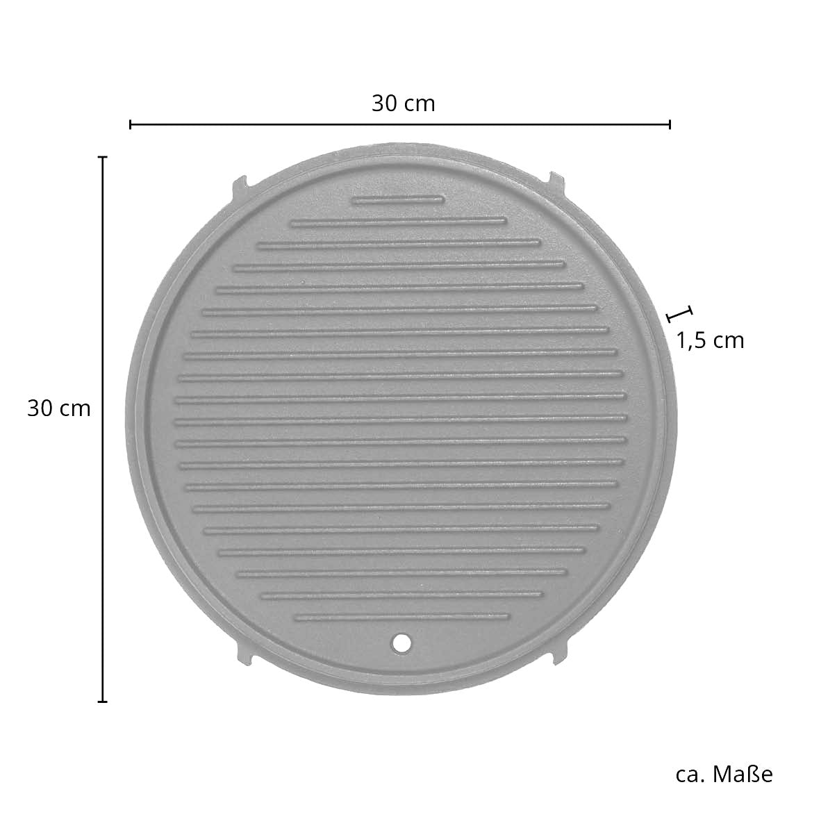 Maße der Grillplatte: Durchmesser 30 cm - Materialstäke 1,5 cm