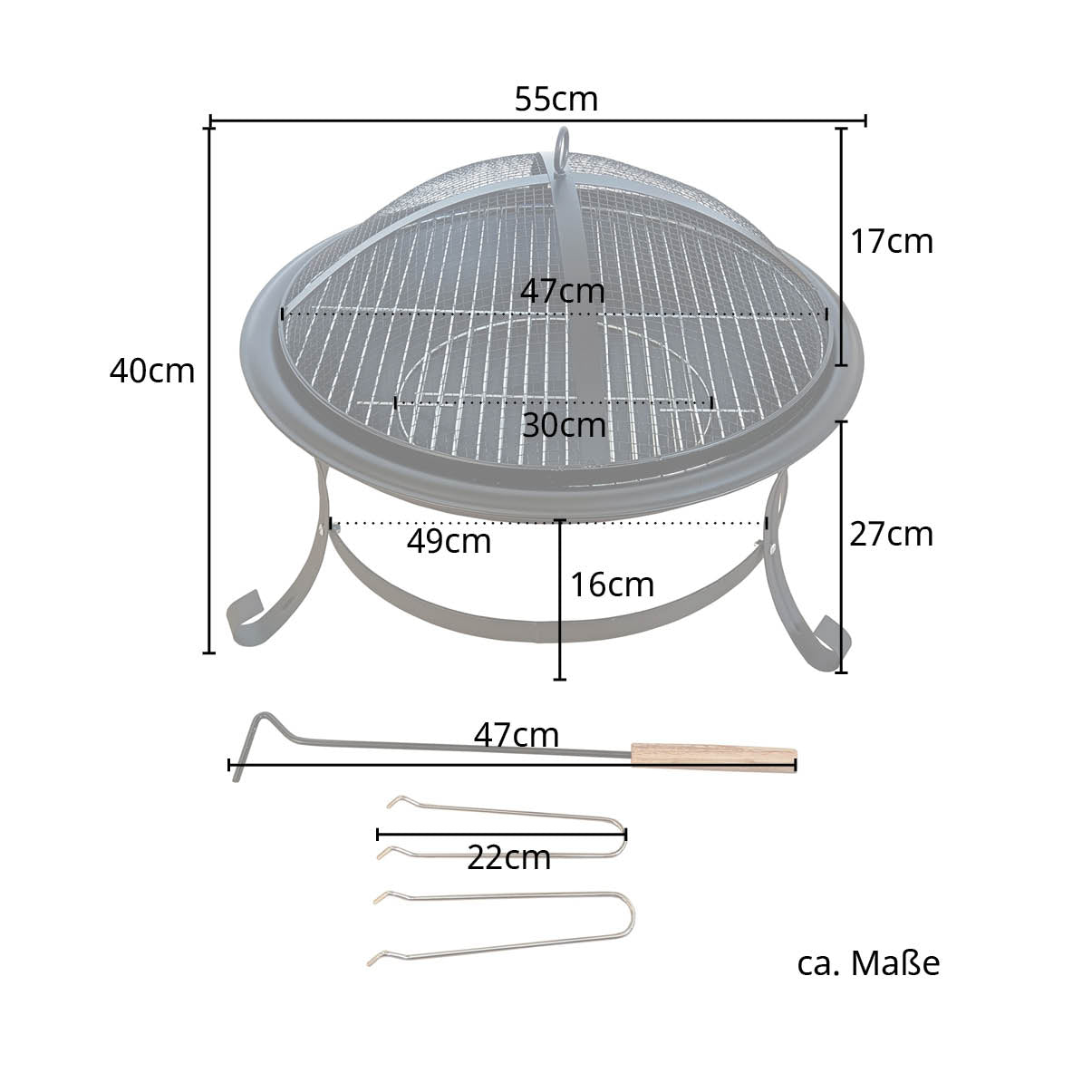 TAINO Feuerschale Grill 2 in 1 mit Funkenschutz - Maße