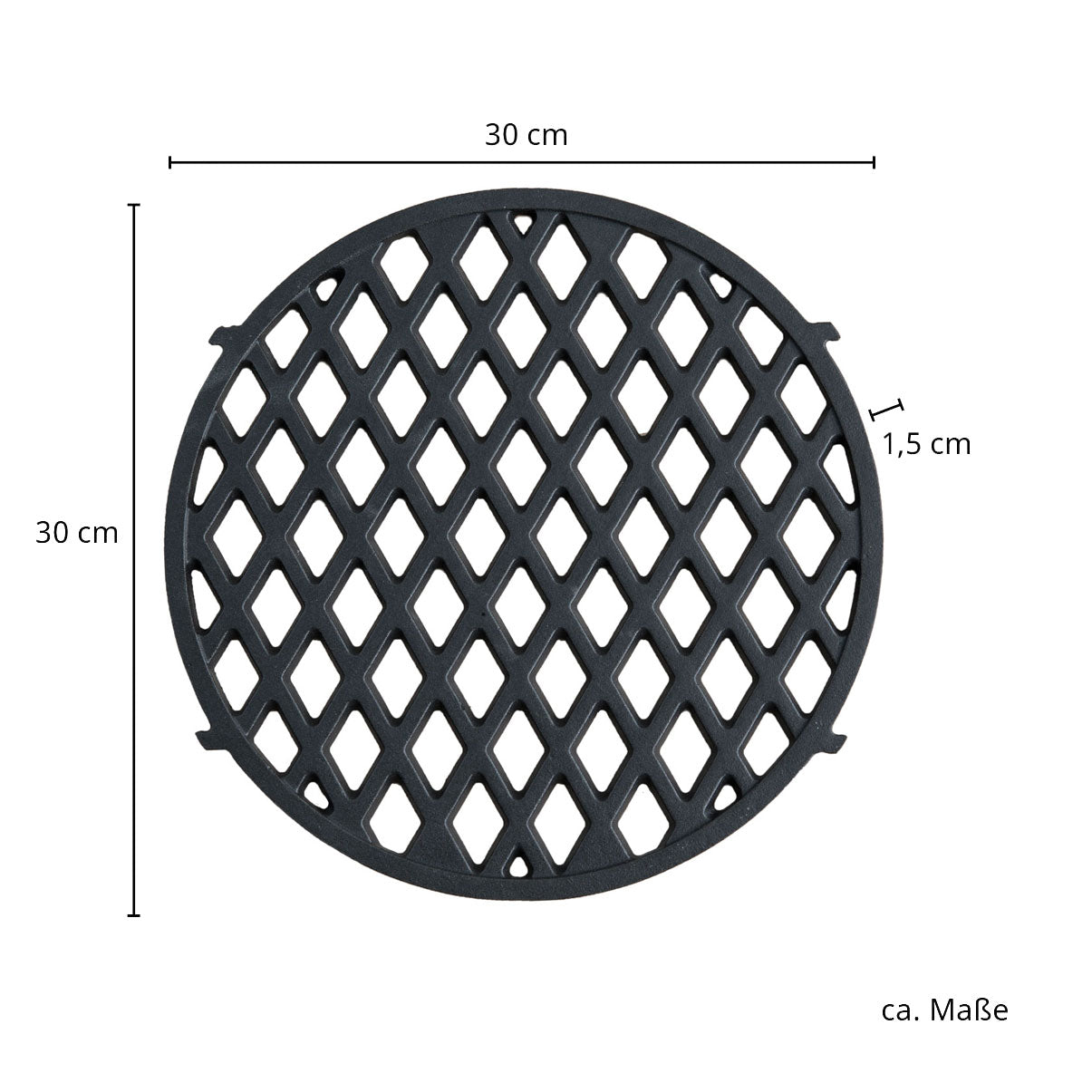 Maße des Gusseisen Grillrost: Durchmesser 30 cm - Materialstärke: 1,5 cm