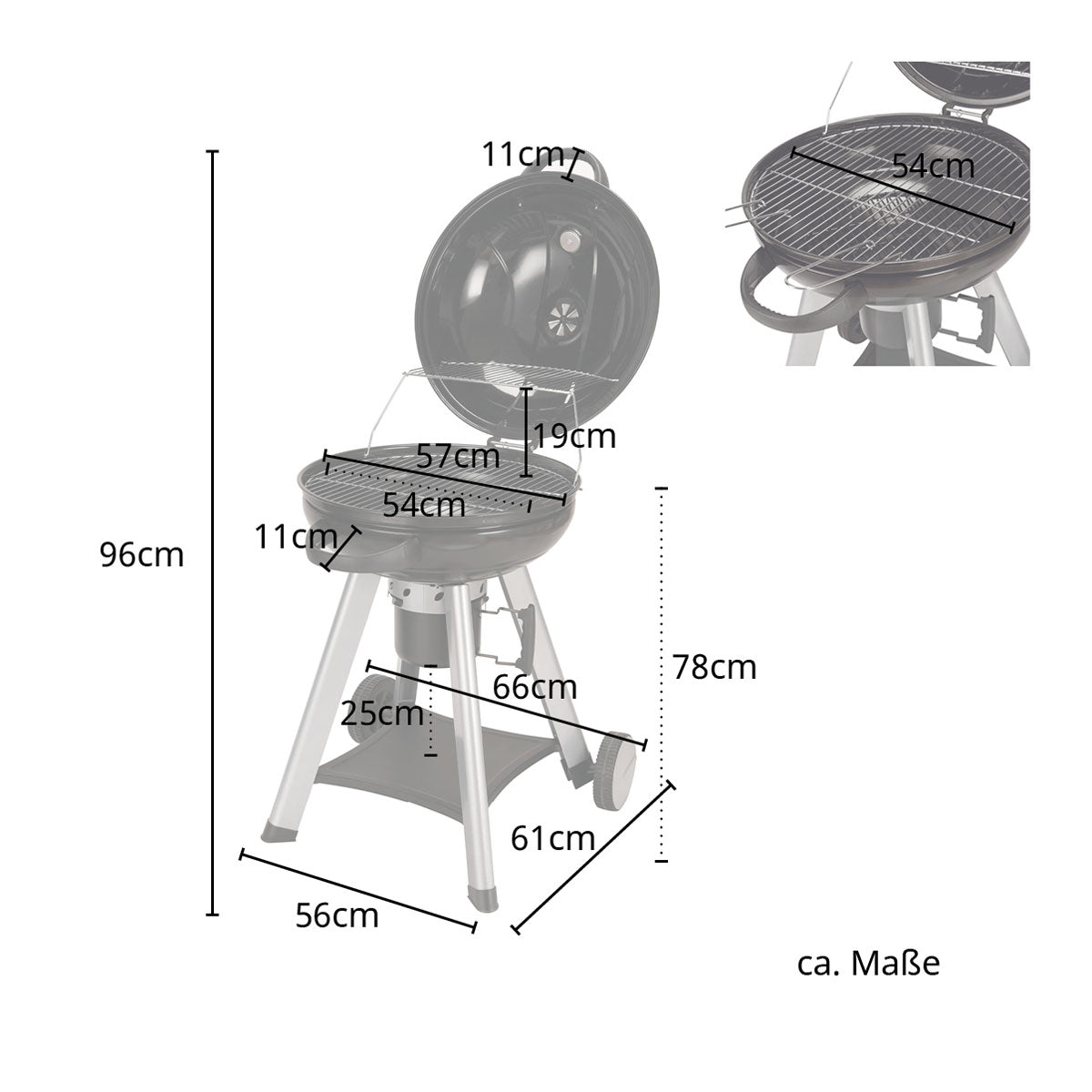 Maßbild TAINO NEO Kugelgrill - Gesamtmaße: Breite 56 cm, Höhe 96 cm, Tiefe 61 cm, Grillfläche Durchmesser 54 cm