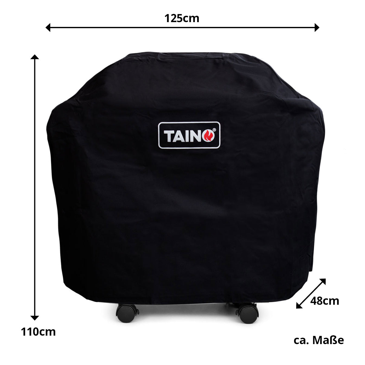 Schwarze Abdeckung für Grill mit dem Logo 'TAINO', Maße 125 cm breit, 110 cm hoch, 48 cm tief