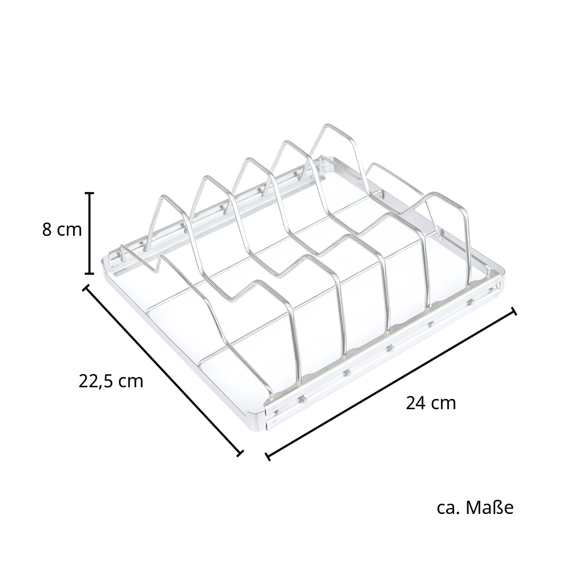 Maße des Spareribs-Halters: Länge 24 cm, Breite 22,5 cm, Höhe 8 cm