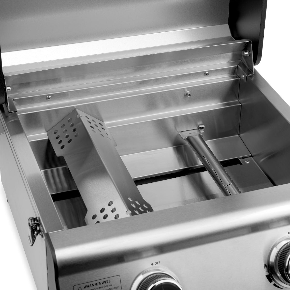 PLATINUM COMPACT Tisch Gasgrill Detailansicht Garraum mit Hauptbrenner und Brennerabdeckungen aus Edelstahl
