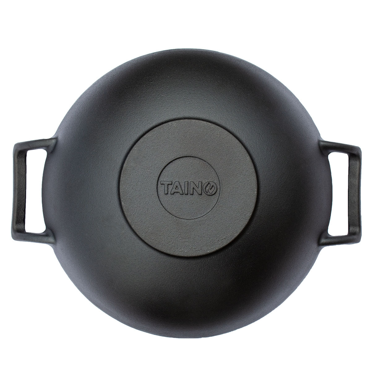 Wok Pfanne Gusseisen von unten mit TAINO Logo