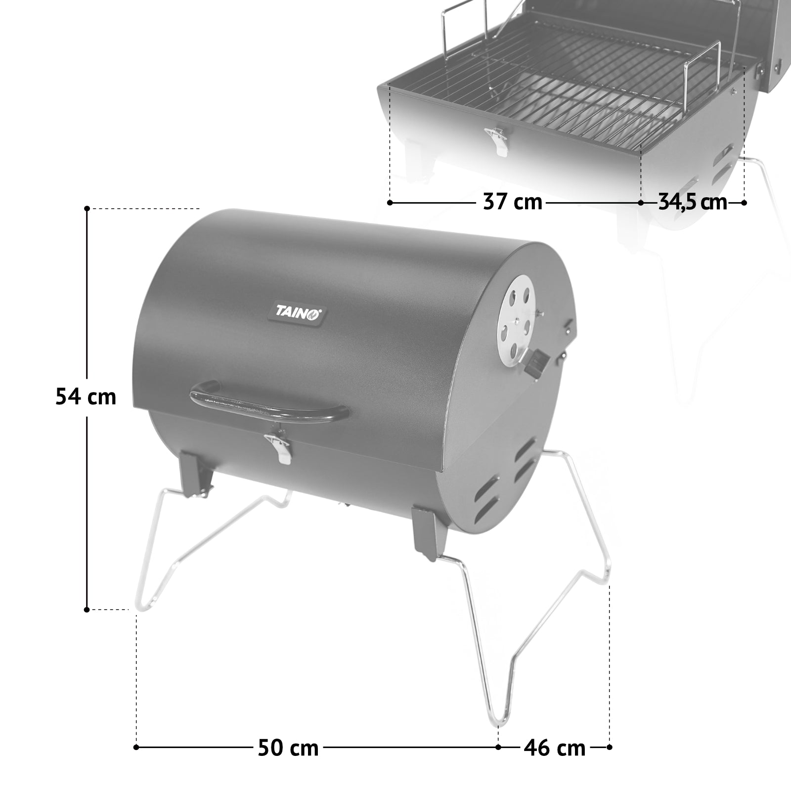 Grafik zu den Maßen des Tischgrills CHAROX in Schrägansicht mit geschlossenem Deckel