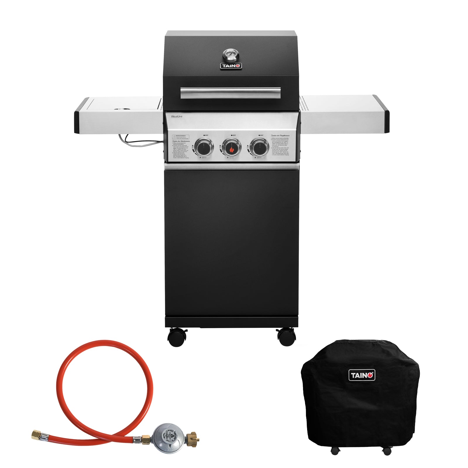 Set BLACK 2+1 Gasgrill + Abdeckhaube + Gasdruckminderer