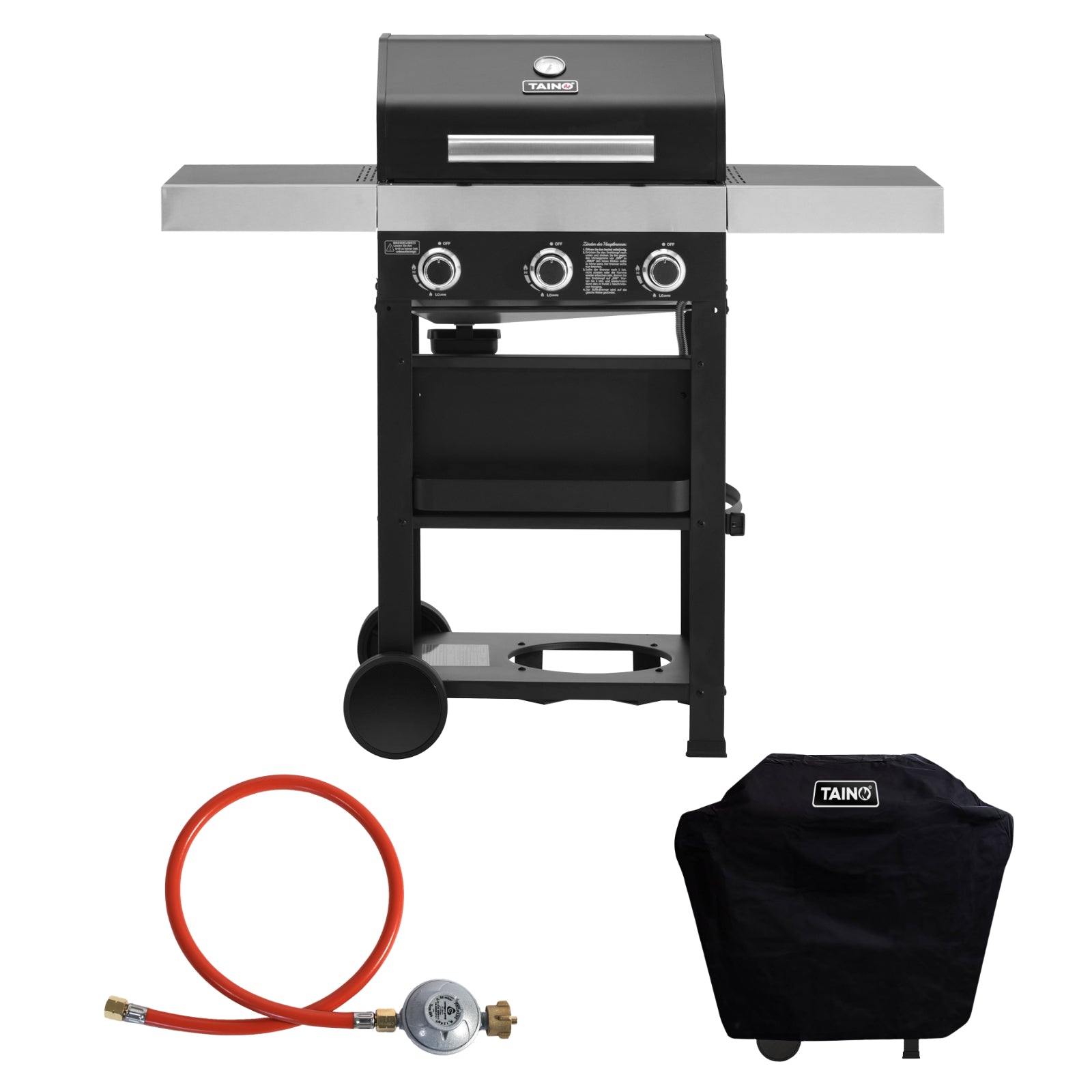 TAINO WABAYA kompakter Gasgrill mit Keramikbrenner im Set mit Gasdruckregler und Abdeckhaube